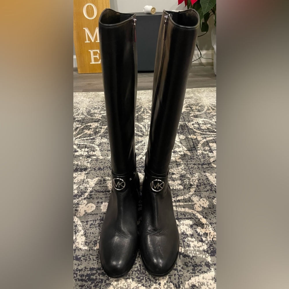 Michael Kors Black Leather Boots with Silver Logo